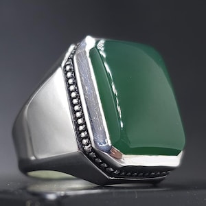 Natürlicher tiefgrüner Achat Herrenring Schlicht Elegant Sterlingsilber 925 Achat Ring • Natürlicher dunkelgrüner Stein Ring Vatertagsgeschenk Weihnachten