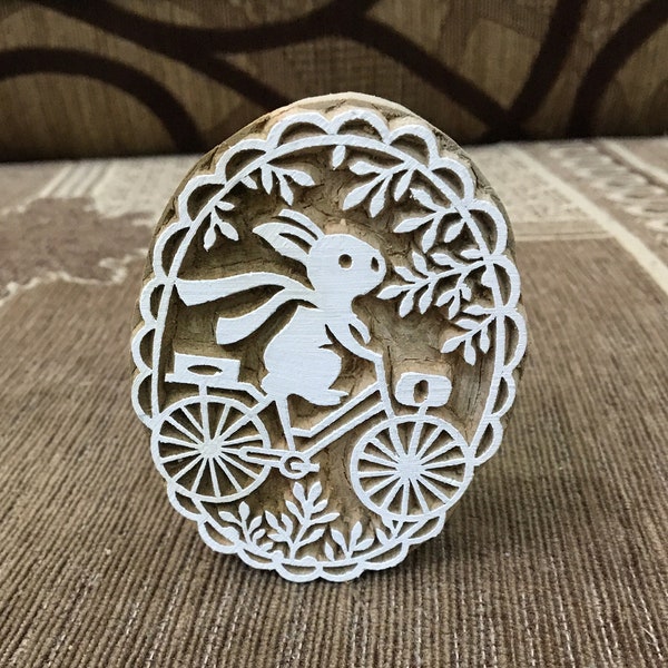 Rabbit on Bicycle Indian hand carved wood block stamp, traditional stamp block for textile and fabric printing, pottery, DIY; Tjaps, Pottery