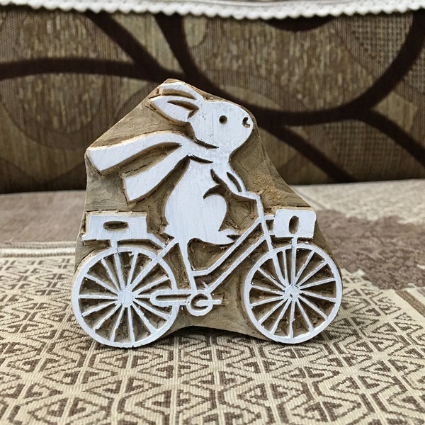 A Rabbit On Bicycle,  hand carved Indian wood printing block; textile stamp; pottery stamp,