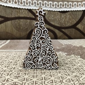 Sapin de Noël oriental, bloc d'impression indien en bois sculpté à la main ; tampon textile; tampon de poterie,
