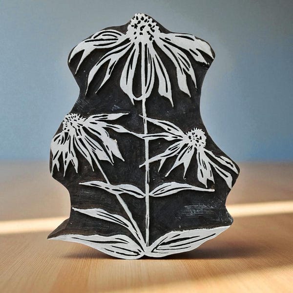 Planta de equinácea, bloque de impresión de madera india tallado a mano; sello textil; sello de cerámica,