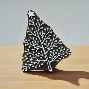 エレガントな斑点模様のクリスマスツリー、手彫りのインド製木製版木、織物スタンプ、陶器スタンプ、
