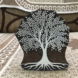 Arbre aux feuilles denses, bloc d'impression en bois indien sculpté à la main ; tampon textile; tampon de poterie,