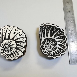 Shells,  hand carved Indian wood printing block; textile stamp; pottery stamp,