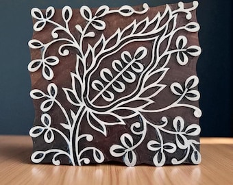 Bloque de impresión de madera india tallada a mano, sello textil con diseño de hojas
