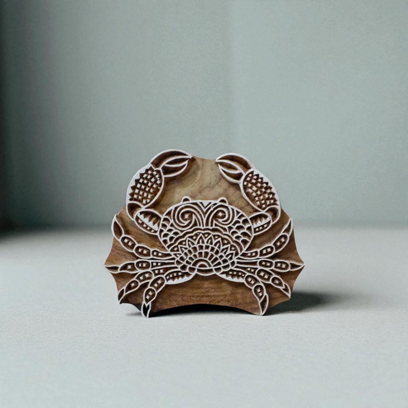 Zentangle Crab Wood Block Stamp, Indian Hand Carved Textile Printing