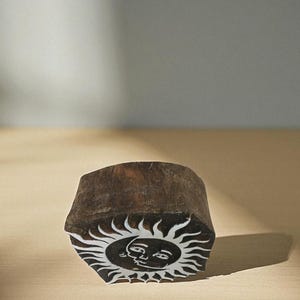 Wooden Sun & Moon Stamp, Celestial Textile Pottery Block Print (8cm Diameter)
