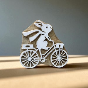 A Rabbit On Bicycle,  hand carved Indian wood printing block; textile stamp; pottery stamp,