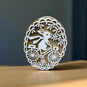 Rabbit on Bicycle Indian hand carved wood block stamp, traditional stamp block for textile and fabric printing, pottery, DIY; Tjaps, Pottery