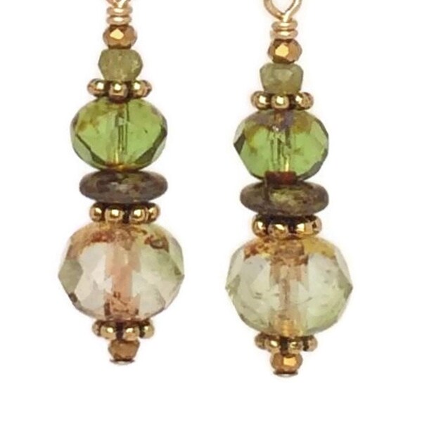 Olive Green Earrings, 14K Gold Fill Faceted Glass Bead Dangles, Moss Green Teardrops, Rustic Boho Jewelry For Fall, Earthy Bohemian Earrings