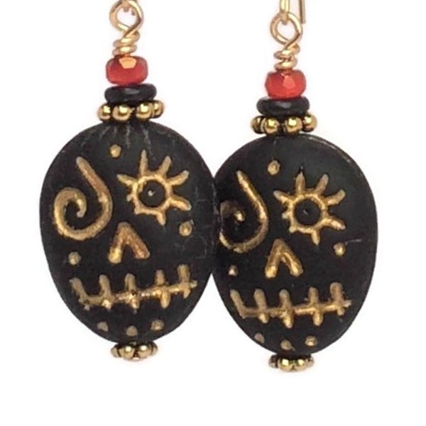 Sugar Skull Earrings, 14K Gold Filled Orange Black Voodoo Jewelry, Rustic Glass Bead Dangles, Witch Doctor Costume, Funky Halloween Gift