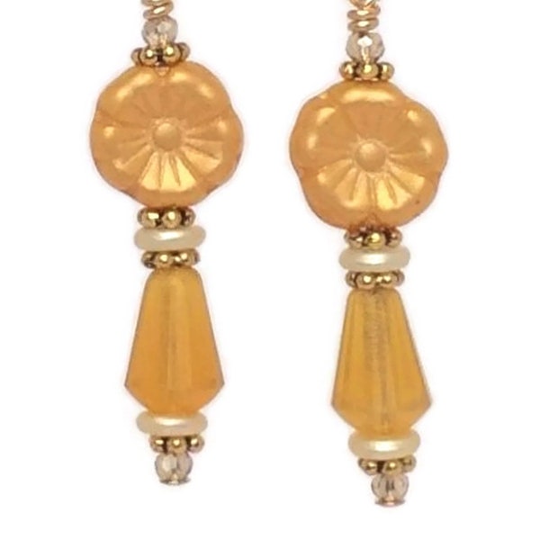 Goldenrod Yellow Flower Earrings, 14K Gold Filled Marigold Dangles, Handmade Glass Bead Sunflower Jewelry, Lightweight Summer Earrings
