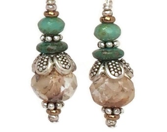 Bali Silver Teardrop Earrings: Aqua Czech Glass Boho Dangles