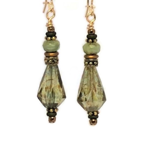 Olive Green Earrings, 14K Gold Filled Faceted Glass Bead Dangles, Moss Green Bohemian Teardrops, Arts And Crafts Jewelry