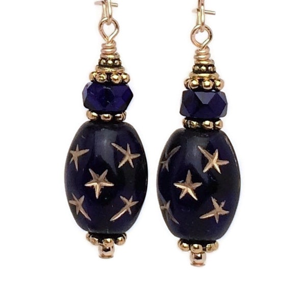 Cobalt Blue Celestial Earrings, 14K Gold Filled Indigo Glass Bead Dangles, Midnight Blue Moon And Stars, Rustic Gypsy Fortune Teller Jewelry