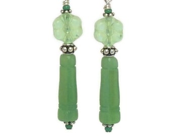 Jade Green Flower Earrings, 925 Sterling Silver Glass Bead Dangle, Spring Green Floral Jewelry, Long Green Teardrop, Handmade Gift Gardener