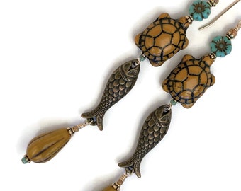 Tropical Turtle Earring, 14K Gold Fill Marine Life Long Dangle, Fun Fish Flower Motif, 14KGF Glass Bead Beach Jewelry, Cruise Gift For Woman