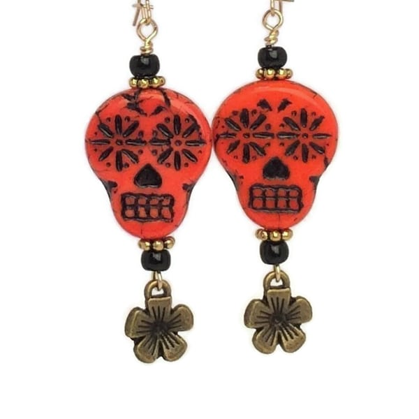 Orange Black Halloween Skull Earrings, 14K Gold Fill Sugar Skull Flower Dangles, Dia De Los Muertos Jewelry, Day Of Dead Calavera Earrings