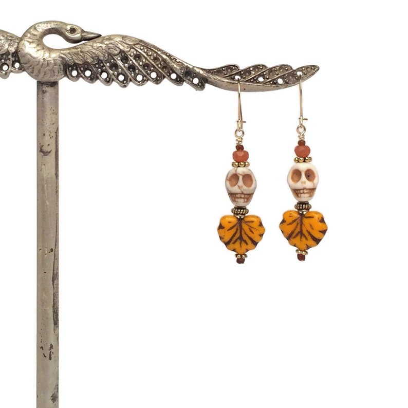 14k Gold Filled Skeleton Dangles Pumpkin Orange Autumn Leaf Jewelry Creative Handmade Glass Bead Earrings Halloween Skull Earrings