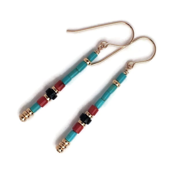 Kingman Turquoise Heishi Bead Earrings, 14K Gold Fill Lapis Lazuli Jewelry, Red Coral Turquoise Long Dangles, Artisan Made Gemstone Earrings