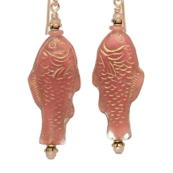 Pink Fish Earrings, 14K Gold Fill Dusty Rose Glass Bead Dangles, Artisan Made Fly Fishing Jewelry, Fisherwoman Gift, Marine Life Jewelry