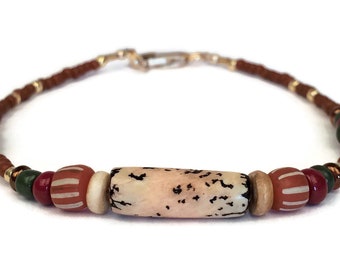 Primitive Seed Bead Stacking Bracelet, Rustic Boho Real Bone Jewelry, 7 Inch Bracelet Lobster Claw Clasp, Handmade Earthy Hippie Beads
