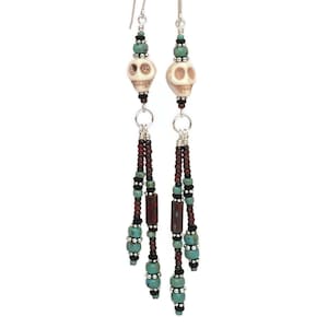 Sterling Silver Skull Earrings: Turquoise Seed Bead Dangle, Bohemian Voodoo Jewelry