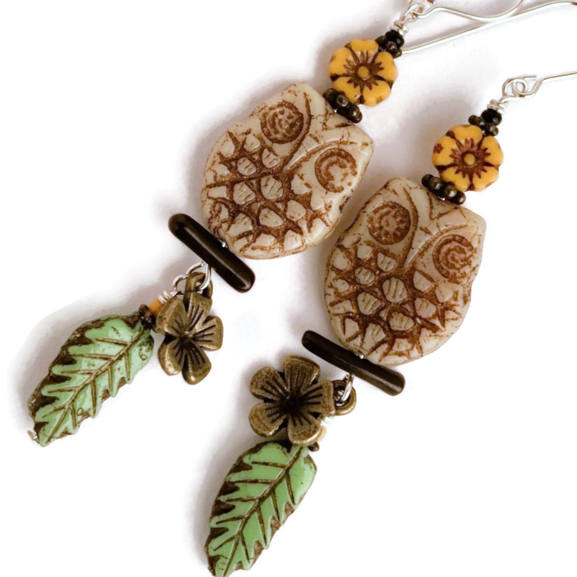 Horned Owl Earrings: Sterling Silver, Glass Bead Dangle, Nature Jewelry
