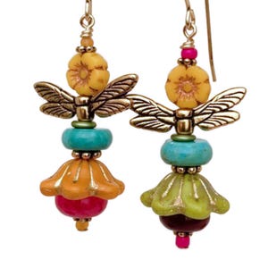 Botanical Earring, 14K Gold Fill Mismatch Floral Dangle, Gardener Gift, Colorful Flower Jewelry, Handmade Glass Bead Earring