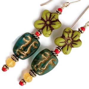 Colorful Tiki Earrings, 14K Gold Filled Glass Bead Long Dangles, Vintage Inspired Cruise Jewelry, Outrageous Tiki Totem Statement Earrings