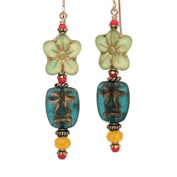 Colorful Tiki Earrings, 14K Gold Filled Glass Bead Long Dangles, Vintage Inspired Cruise Jewelry, Outrageous Tiki Totem Statement Earrings