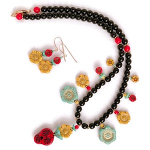 Sugar Skull Jewelry Set, 14K Gold Fill Day Of The Dead Parure, Dia De Los Muertos, Colorful Glass Bead Necklace Earring, Matching Jewelry