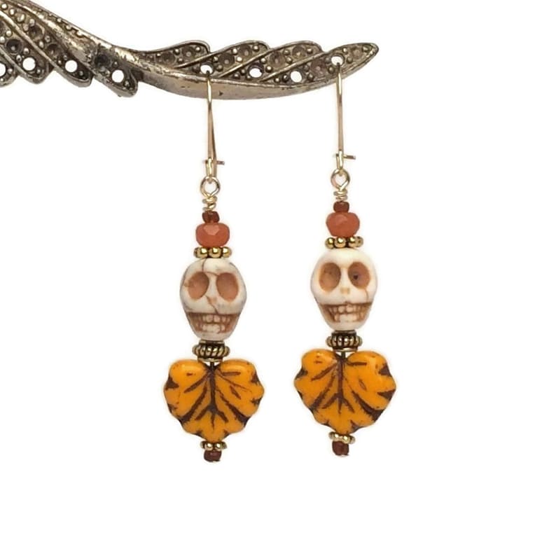 14k Gold Filled Skeleton Dangles Pumpkin Orange Autumn Leaf Jewelry Creative Handmade Glass Bead Earrings Halloween Skull Earrings