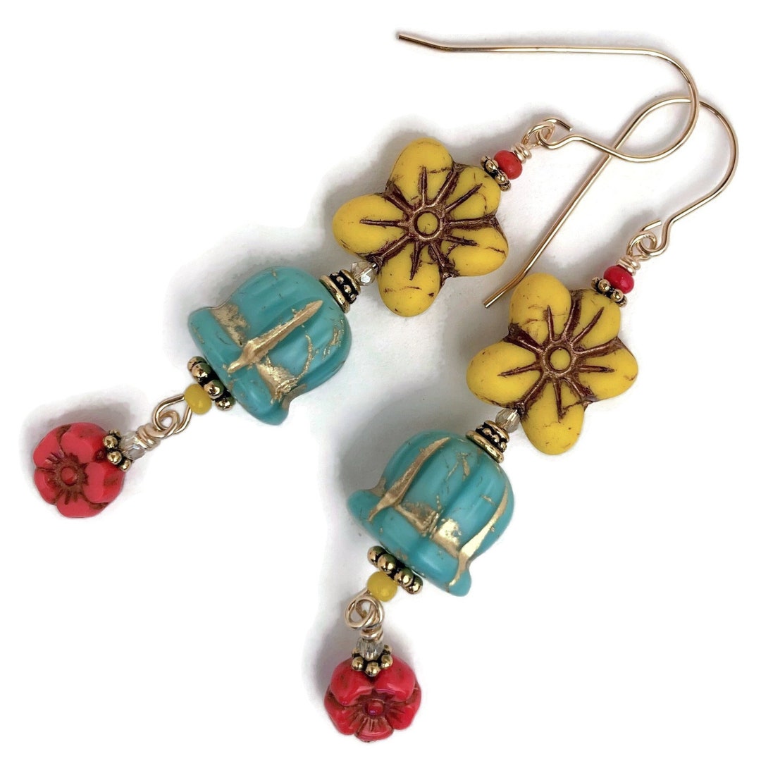 Colorful Flower Earrings 14K Gold Fill Glass Bead Long Etsy