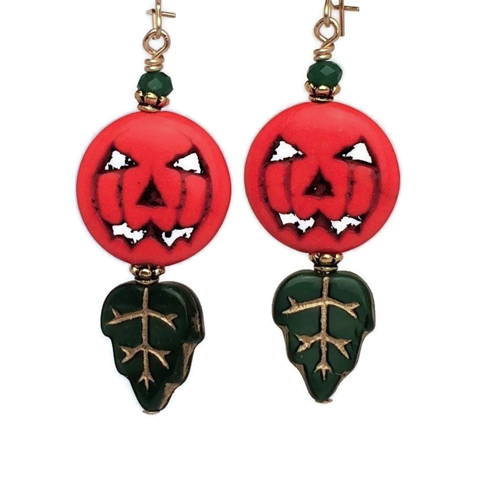 Orange Jack O Lantern Earrings, Handmade Green Leaf Pumpkin Dangles, 14K Gold Filled Fall