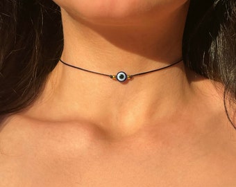 Madeleine Necklace, Evil Eye Necklace, Women's Evil Eye Choker, Nazar Protection Amulet, Minimalist Cord Choker, Mal de ojo