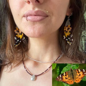 Painted Lady Butterfly Earrings, Orange Brown Butterfly Wing Fringe Earrings, Fairycore Whimsical Dangle Earrings