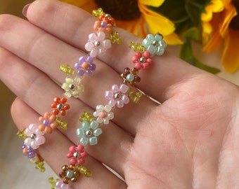 Womens Beaded Flower Bracelet, Delicate Glass Beads Daisy Chain With Leaves, Floral Boho Dainty Womens Jewellery, Handmade UK