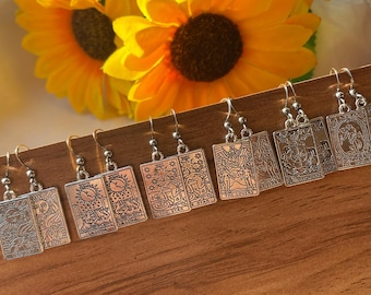 Tarot Earrings, Silver Tarot Card Dangle Earrings, 90s Witchy Unique Gift For Her, The Sun, The Moon, Divination Spiritual Jewellery
