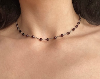 Natural Garnet Necklace, Garnet Gemstone Bead Rosary Style Necklace, Womens Crystal Gothic Choker Necklace, January Birthstone, Gothic Style