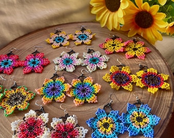 Beaded Flower Earrings, Bright Colourful Flowers, Summer Boho Style Flowers Dangle Earrings Handmade Statement Earrings