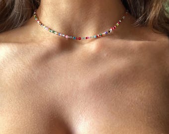 Confetti Bead Necklace In Stainless Steel, Bright Summer Colourful Beaded Choker Necklace, Rainbow Multicolour Layering Necklace