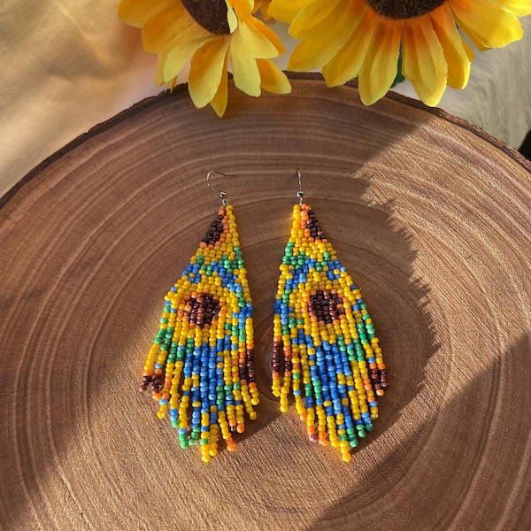 Sunflower Fringe Earrings, Sun Flowers Beaded Floral Summer South Western Fringe Tassel Earrings, Boho Style Flowers Dangle Earrings