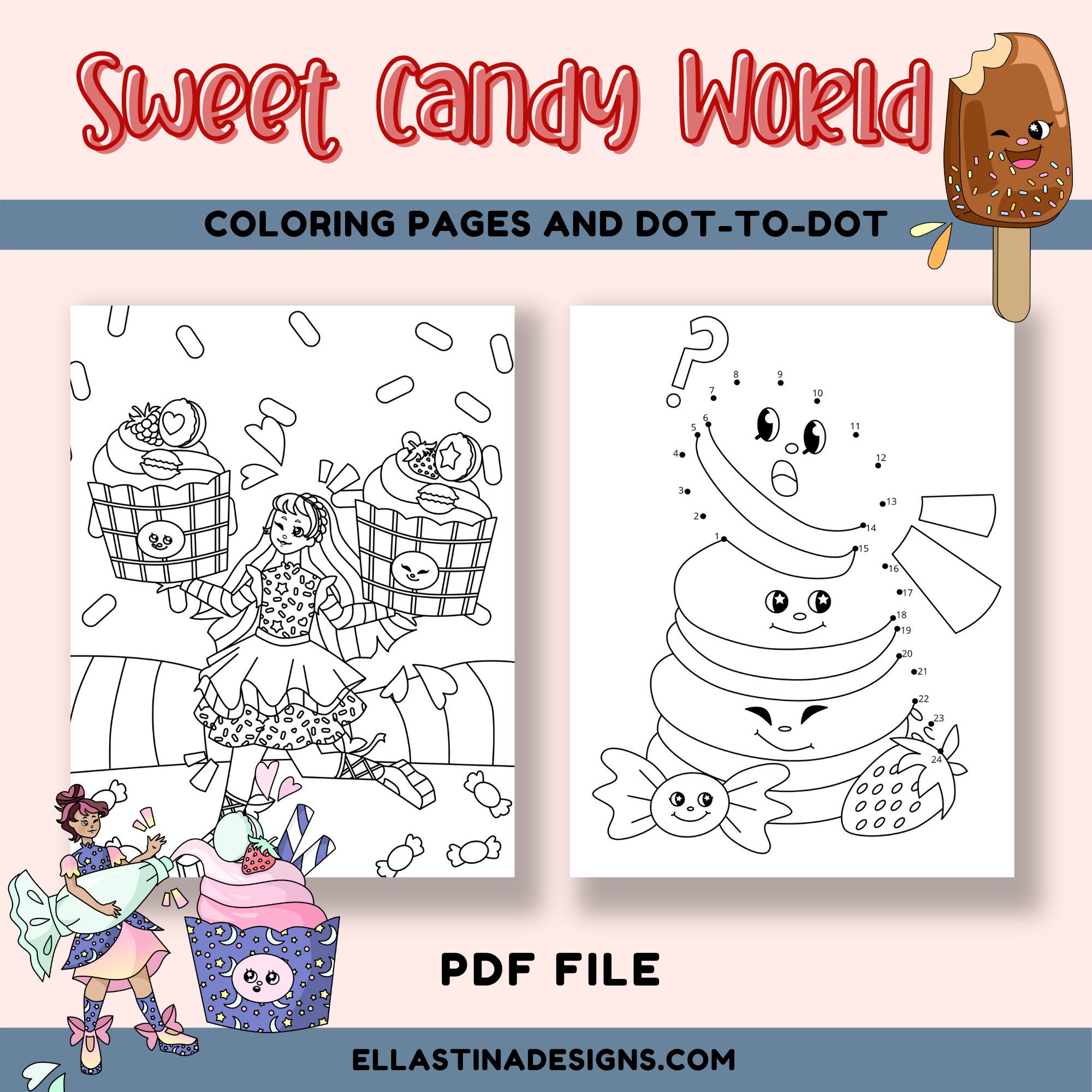 Sweet Candy World Coloring and Dottodot Pages 10 Coloring Etsy