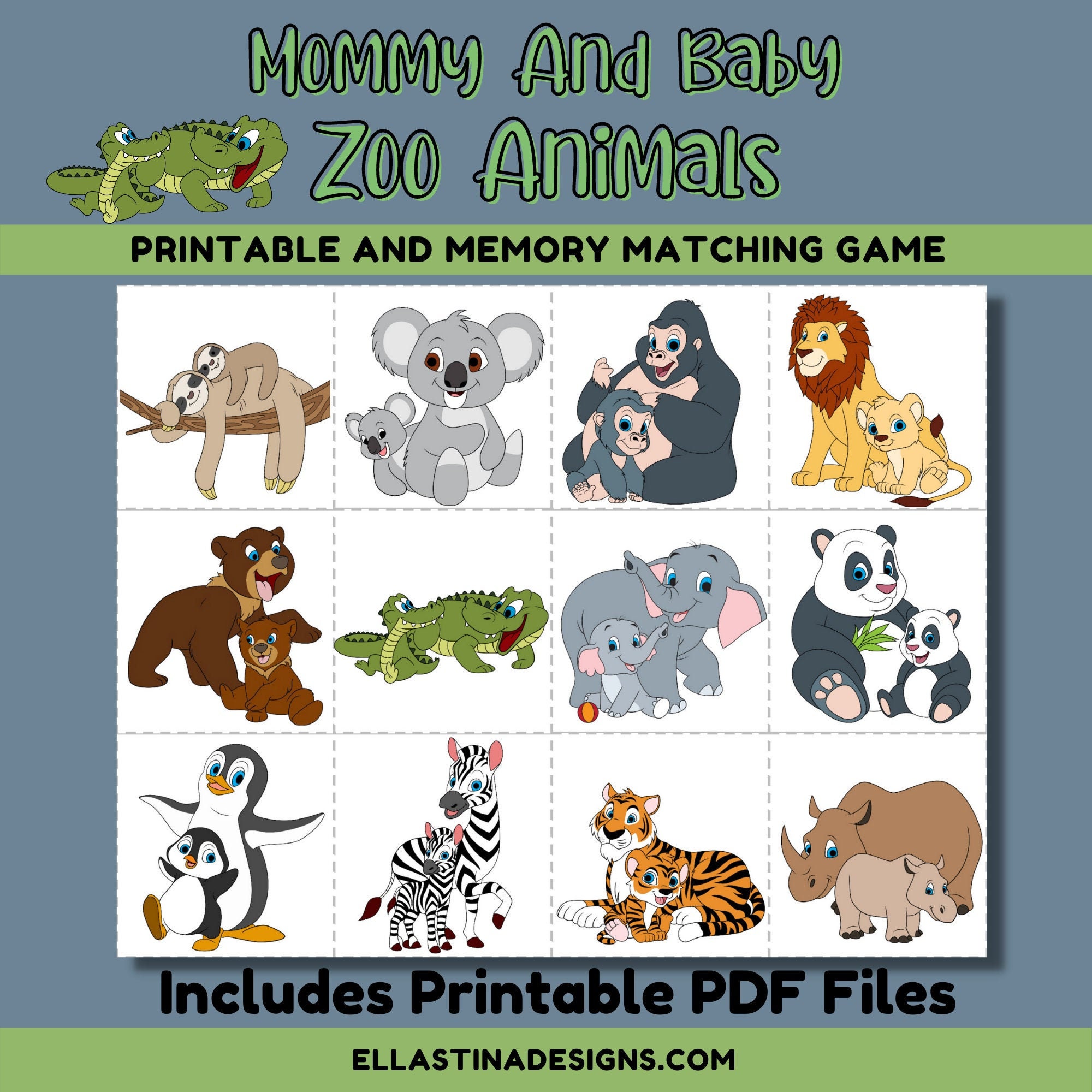 mommy and baby zoo animals printable memory matching game etsy