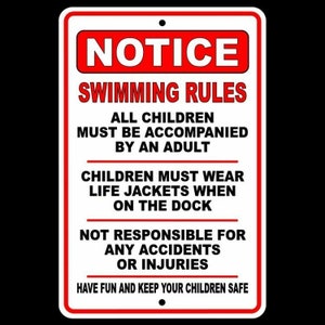 Swimming rules children accompanied by adult wear life jacket Sign / Decal  safety sw006 / Magnetic Sign