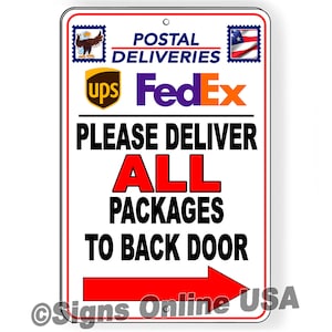 Please Deliver All Packages To Back Door Arrow Right   Sign / Decal   /  SEI013 / Magnetic Sign