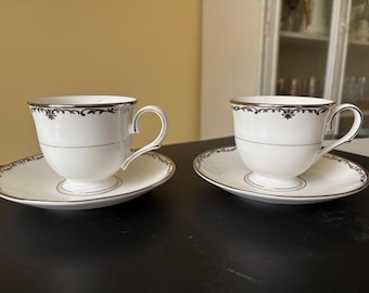 Lenox Coronet Platinum, Footed Cup & Saucer, Two Sets (2 cups and 2 saucers)