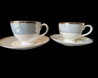 Wedgwood Lustreware Blue Fin Footed Cup and Saucer - Total of 2 Sets
