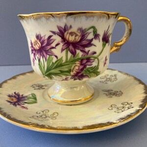 Purple Aster Floral Teacup and Saucer
